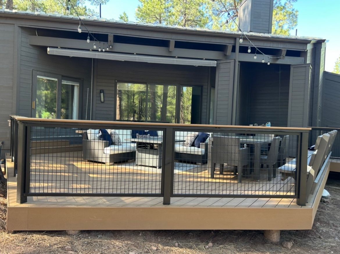 Modern outdoor living deck with furniture